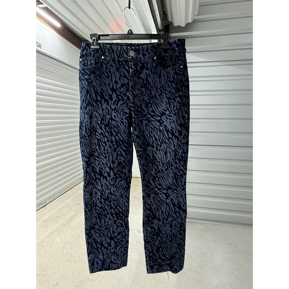 Chico's Platinum Blue Animal Print Flocked Velvet Denim Jeans Size 1 Medium